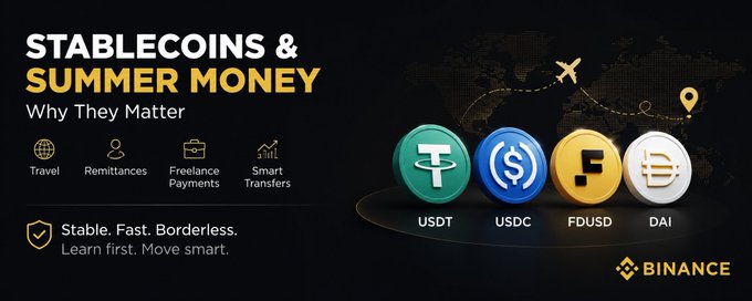 A Binance promotional graphic titled "STABLECOINS & SUMMER MONEY" highlighting the use of stablecoins (USDT, USDC, FDUSD, DAI) for travel, remittances, freelance payments, and smart transfers.
