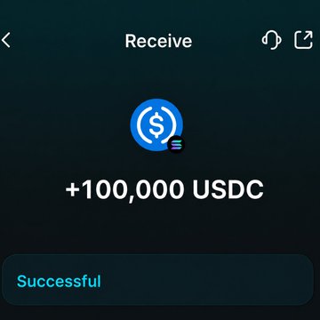 A mobile wallet screen confirms a successful receipt of "+100,000 USDC," a crypto payment shown to validate a cash-prize campaign. The image visually backs the post's claim of a "$100,000 crypto campaign" by displaying the exact prize amount prominently as a completed transaction.

**Critique:** The image does not actually depict a crypto campaign prize, but rather a single test transaction of 100,000 USDC. A more accurate caption should clarify that the screen shows a wallet receiving USDC, and that the post uses it out of context to imply a prize payout that isn't supported by the image itself.
