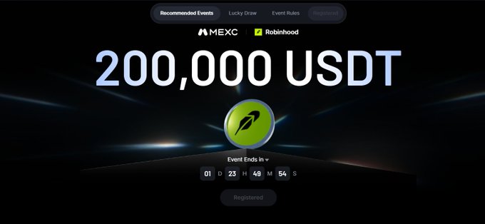 A promotional banner for a cryptocurrency event on MEXC and Robinhood, displaying '200,000 USDT' and a countdown timer ending in '01 D 23 H 48 M 54 S'.