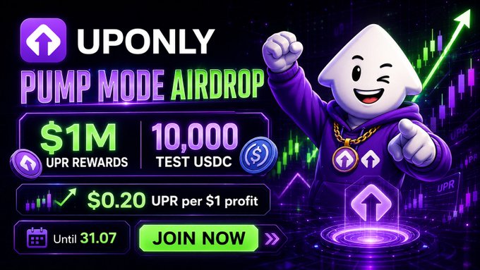This "Uponly Pump Mode Airdrop" image promotes a promotion where users can get $1M in UPR rewards, 10,000 test USDC, and $0.20 in UPR per $1 profit until July 31st. The image visually represents the promotional offer described in the accompanying post.