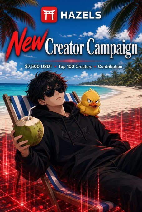 The image is a promotional poster for Hazels' "New Creator Campaign," featuring an anime-style character lounging on a beach chair with sunglasses, a coconut drink, and a yellow bird perched on him, set against a tropical backdrop overlaid with a red digital grid. The poster highlights "$7,500 USDT" prize, "Top 100 Creators," and "Contribution," aligning with the post's message of Hazels being the intelligence layer of the attention economy where creator contributions are valued.