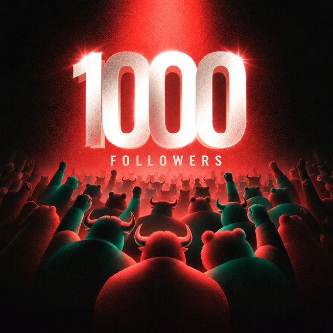 A 3D illustration celebrating '1000 FOLLOWERS' with a crowd of characters featuring bull horns, bear ears, and raised fists illuminated by red light.