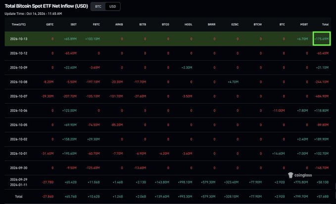 A Bitcoin ETF net inflow dashboard showing $175.69M total inflows on October 13, 2024, led by Fidelity's FBTC at $103.10M, BlackRock's IBIT at $65.89M, and Morgan Stanley's MSBT at $6.70M, reversing the prior day's $65.40M outflow.