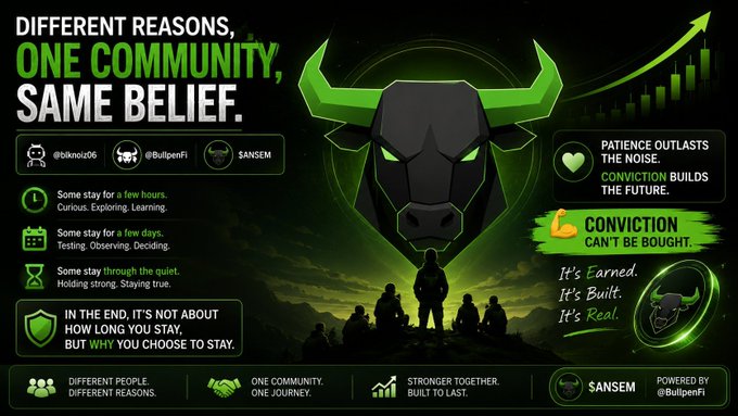 A green-themed promotional graphic titled 'Different Reasons, One Community, Same Belief,' featuring a bull head logo and messages like 'Conviction Can't Be Bought' and 'Sansem / @BullpenFi.'