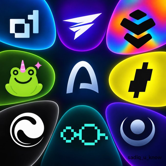 A colorful digital collage featuring various cryptocurrency and brand logos including Digital, a paper plane, a layered icon, a frog with a party hat, an 'A', a Bitcoin symbol, a swirl design, glasses, and a crescent moon.