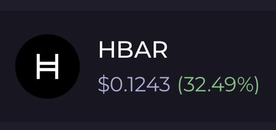A cryptocurrency price display shows HBAR at $0.1243 with a 32.49% gain.