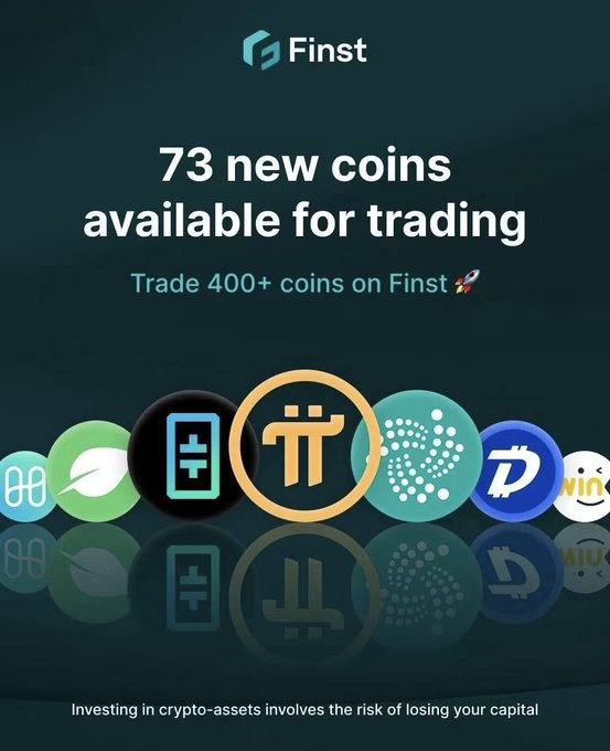 A Finst cryptocurrency advertisement announcing '73 new coins available for trading' with logos of various cryptocurrencies displayed in colorful circles.