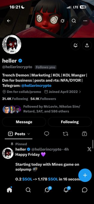 A Twitter/X profile screenshot for 'heller' (@hellerincrypto), described as 'Trench Demon | Marketing | KOL | KOL Manger | Dm for business | posts and rts: NFA/DYOR | Telegram: @hellerincrypto', with 54.1K followers.