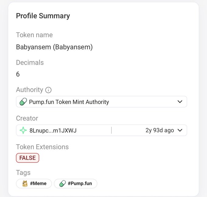 A token profile summary displays 'Babyansem (Babyansem)' token with 6 decimals, Pump.fun Token Mint Authority, created 2y 93d ago, tagged #Meme and #Pump.fun.