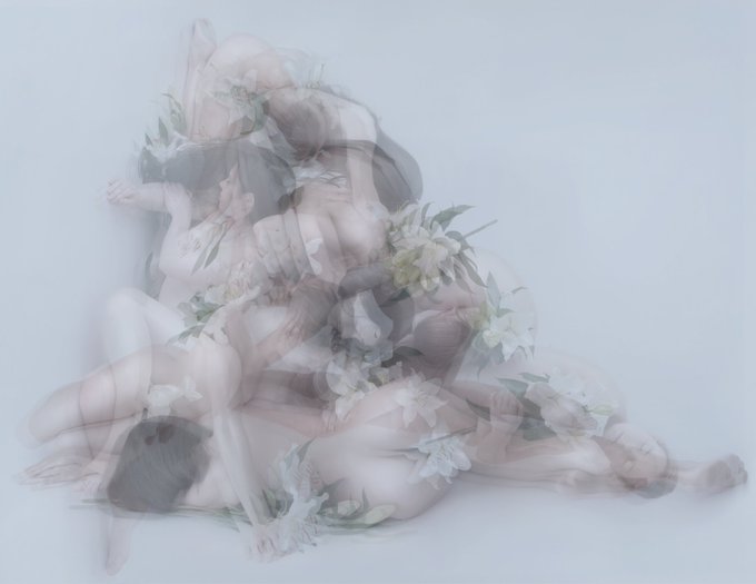 The image features a collage of blurred images, including people lying down with flowers around them. The collage has been edited to create an artistic effect that makes the viewer question whether the images are real or fake. The caption "Good morning ECHO 34 has been minted by @dsgncllctr Thank you so much echo - 0.007 eth" suggests that this image is part of a larger collection, possibly for a social media post or advertisement.