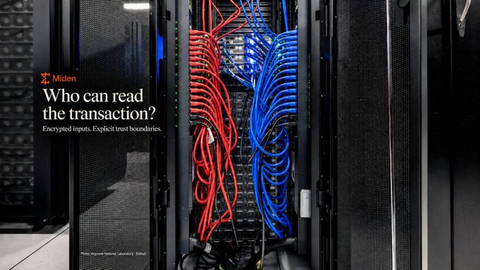A dark server room with red and blue network cables, beside a Midl(en?) poster reading, “Who can read the transaction?” and “Encrypted inputs. Explicit trust boundaries.”