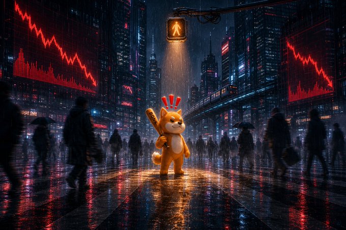 A Shiba Inu-like character holding a baseball bat labeled "TURBO" stands on a rainy city street under a glowing pedestrian light, with red downward market charts on surrounding buildings.
