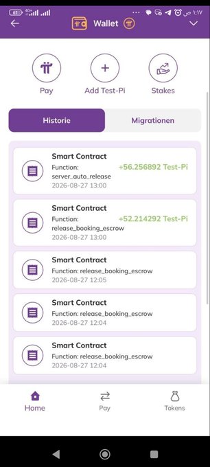 Screenshot of a Pi Network wallet app showing options for Pay, Add Test-Pi, and Stakes, with a history list of Smart Contract transactions including 'server.auto_release' and 'release_booking_escrow' functions dated 2026-08-27.