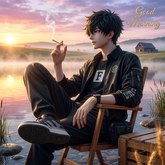 An anime-style illustration of a young man in black casual clothing sitting in a wooden chair by a misty lake at sunrise, holding a cigarette, with 'Good Morning' text in the corner.