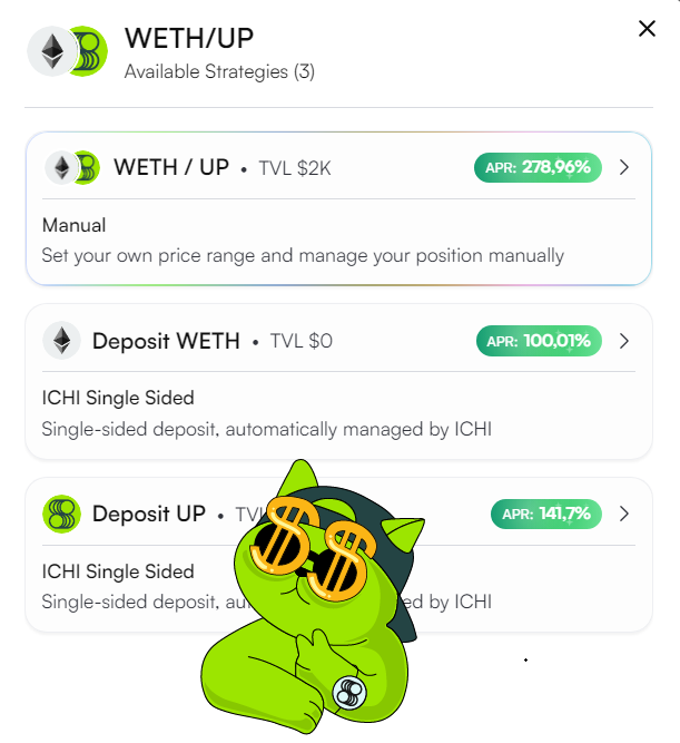 In a screenshot from an e-commerce website, a green cat wearing sunglasses appears to be promoting an available pool. The cat has been posed in front of a screen with text that describes the pool as "New high-yield pool just went live on @HydrexFi for $UP chads! @superformxyz continues to do what it does best: actually shipping new, juicy yield opportunities instead of just tweeting about ersatz ecosystems like everyone else.". The cat appears to be advertising a pool that offers high returns and is suitable for anyone who wants quick gains from the trading market or those looking to diversify their investments in this particular asset.