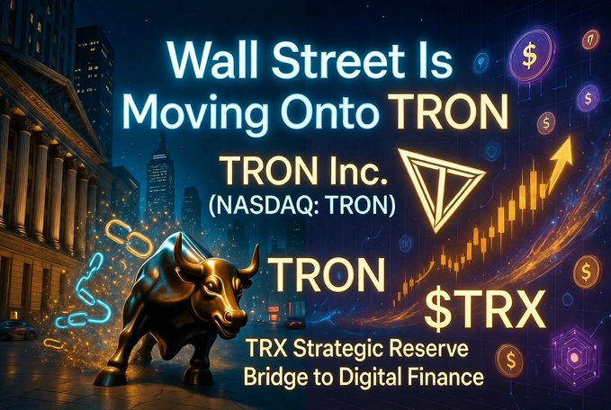 A bold promotional graphic featuring a golden bull statue against a nighttime Wall Street skyline, with glowing text declaring "Wall Street Is Moving Onto TRON," highlighting "TRON Inc. (NASDAQ: TRON)," the "TRON Strategic Reserve," and "$TRX" as a "Bridge to Digital Finance," visually reinforcing the post's message about traditional finance embracing the TRON blockchain.