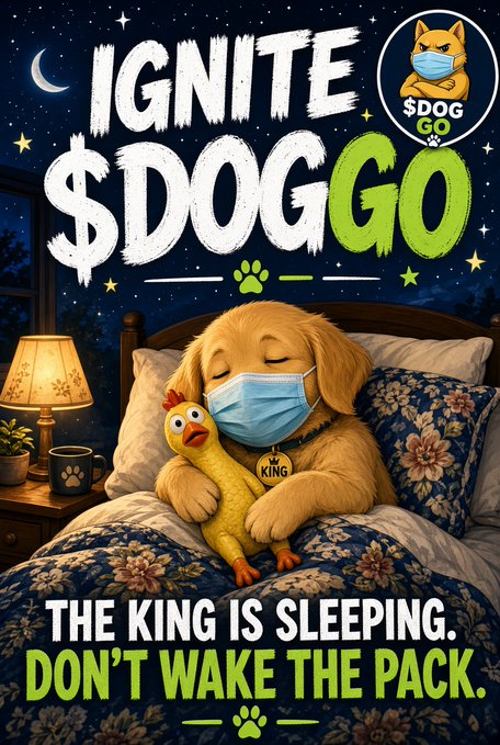 A promotional graphic for '$DOGGO' cryptocurrency featuring a sleeping golden dog wearing a face mask and 'KING' tag, hugging a rubber chicken toy in bed. The text reads 'IGNITE $DOGGO' and 'THE KING IS SLEEPING. DON'T WAKE THE PACK,' with a '$DOG GO' logo in the top right corner.