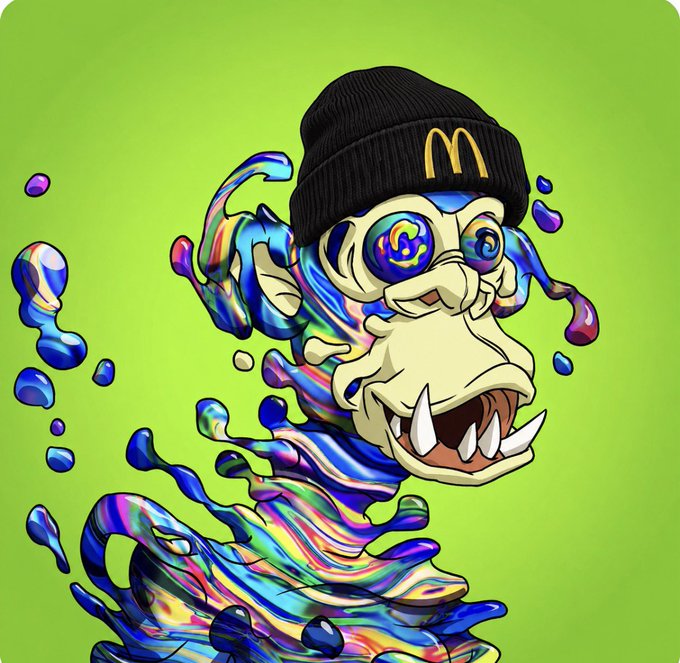 A vibrant digital illustration features a melting, liquid-like creature with iridescent rainbow swirls, sharp teeth, and a McDonald's beanie on a bright green background.