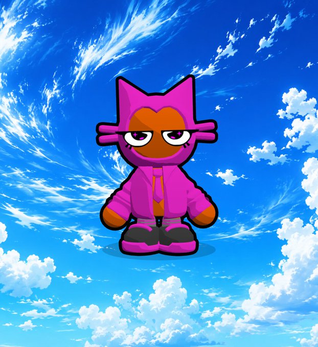 A cartoon character with a pink cat-eared hood, pink jacket and shoes, and brown skin stands against a blue sky with white clouds.