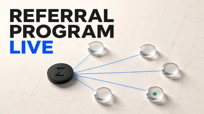 A promotional graphic displaying the text 'REFERRAL PROGRAM LIVE' next to a network diagram showing connections radiating from a central black token.