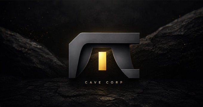 A sleek, dark-toned 3D logo featuring a stylized "C" shape framing a glowing golden doorway, with "CAVE CORP" displayed beneath it, set against a rocky cavern backdrop with ambient golden sparks. The imagery visually represents "The Cave" community referenced in the post, symbolizing a hidden gateway to discovery and connection.