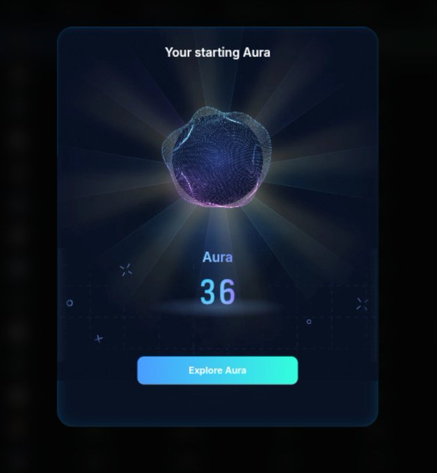 A digital interface showing "Your starting Aura" with a glowing 3D sphere and a score of "Aura 36", along with an "Explore Aura" button.