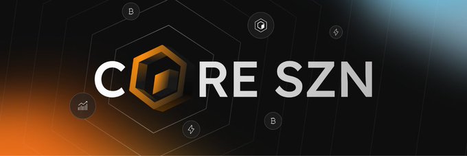 A stylized promo banner displaying the text "CORE SZN" in bold white lettering with a glowing orange 3D hex logo, surrounded by icons representing Bitcoin, Ethereum, DeFi, charts, and lightning against a dark gradient background. The graphic ties directly to the post by visually reinforcing the "$CORE" ticker and the hyped "season" narrative, encouraging viewers to share their accumulation goals ahead of the next bull run.