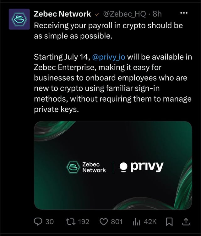 The image is a tweet from Zebec Network (@Zebec_HQ) announcing that starting July 14, Privy (@privy_io) will be integrated into Zebec Enterprise, allowing businesses to easily onboard crypto-new employees using familiar sign-in methods without managing private keys. The post features a branded graphic showing the Zebec Network and Privy logos side by side on a dark green background.