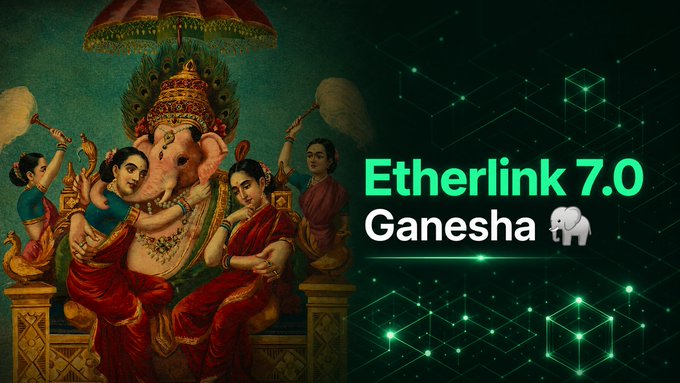 A promotional graphic for 'Etherlink 7.0 Ganesha' featuring traditional artwork of the Hindu deity Ganesha on the left and green tech-themed graphics with an elephant emoji on the right.