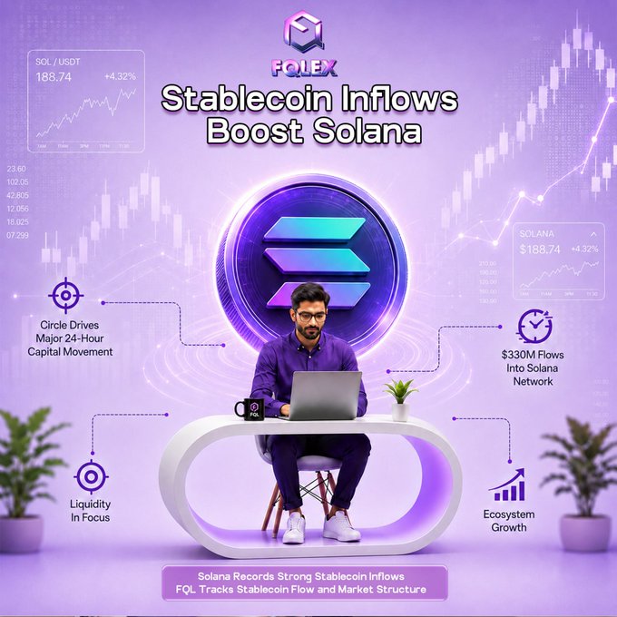 This image for FQL Exchange highlights "Stablecoin Inflows Boost Solana," detailing "$330M flows into Solana Network" and "Circle drives major 24-hour capital movement." The accompanying post elaborates on this strong stablecoin inflow and FQL's role in tracking market structure.