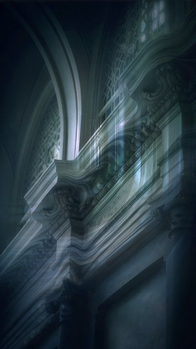 A moody, blurred photograph of an ornate architectural interior featuring classical arches, columns, and decorative moldings bathed in dim, cool-toned light.