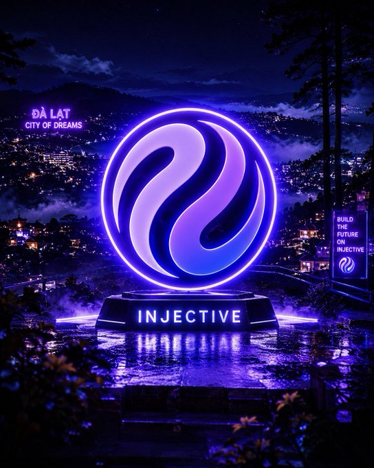 The image features a neon logo for the game Injective with purple and blue colors against a dark background. The text "Injective" is written below the logo, indicating that this is an advertisement or promotional material related to the game. The surrounding area appears to be a city at night, which adds to the overall atmosphere of the image. The post suggests that there might be a connection between the Injective game and real-time USDC, implying that the game could potentially involve cryptocurrency transactions or other digital currency-related activities.