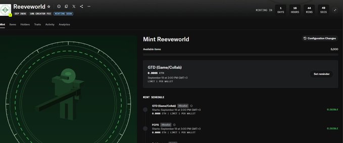 Reevworld NFT minting platform page for minting Reevworld with 5,000 available items priced at 0.0800 ETH, featuring a green 3D character graphic and mint schedule showing GTD (Elastos/Collab), Public (General), and FCFS (General) phases.
