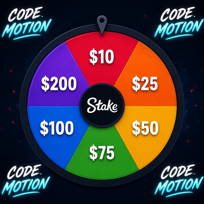 A colorful spinning prize wheel with 'Stake' in the center, featuring dollar amounts ($10, $25, $50, $75, $100, $200) on colored segments, surrounded by 'CODE: MOTION' text in each corner.