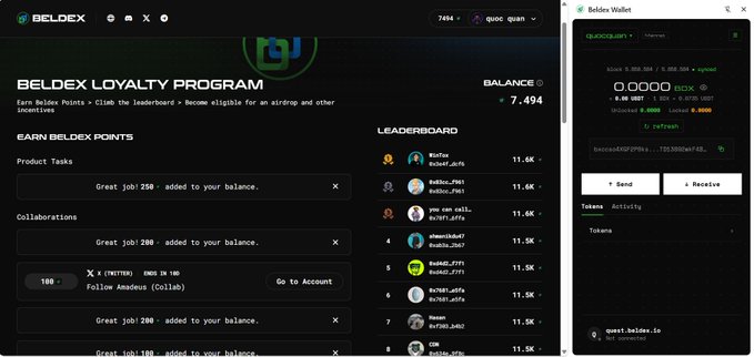 A dark-themed BELDEX loyalty-program page showing a 7,494-point balance, task cards, and a leaderboard beside an open wallet panel.