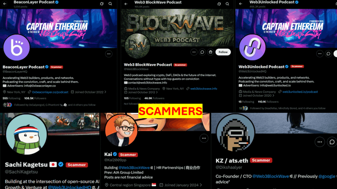 Six social media profiles related to Web3 and crypto podcasts, with three accounts labeled "Scammer" highlighted by a "SCAMMERS" text overlay, including BeaconLayer Podcast, Web3 BlockWave Podcast, Web3Unlocked Podcast, Sachi Kagetsu, Kai, and KZ / ats.eth.