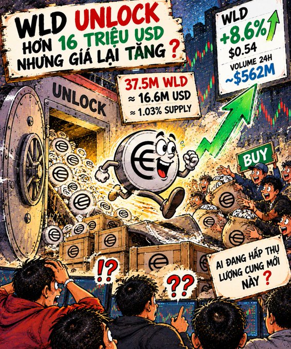 Cartoon-style crypto promotional image about 'WLD UNLOCK' showing a coin character running out of a vault, indicating 37.5M WLD (~$16.6M USD, ~1.03% supply) being unlocked while price rises +8.6% to $0.54.