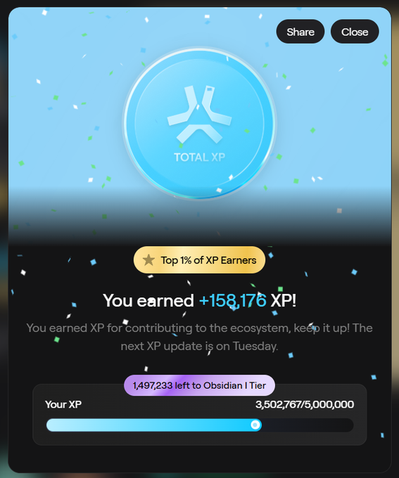 A 'Total XP' rewards screen showing '+158,176 XP' earned, with the user in the 'Top 1% of XP Earners' and a progress bar indicating 3,502,767/5,000,000 XP toward Obsidian I Tier.