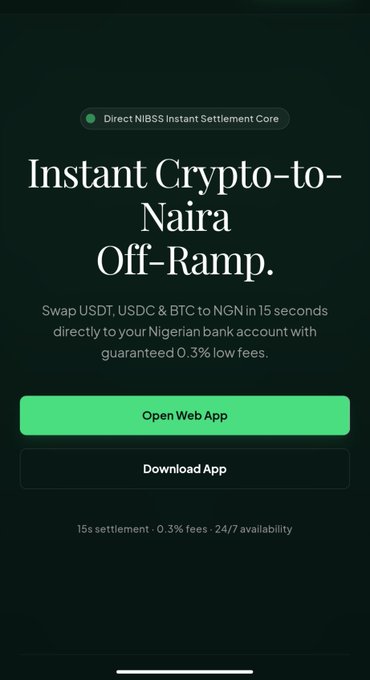 A mobile app landing page for an instant crypto-to-Naira off-ramp service, featuring the headline "Instant Crypto-to-Naira Off-Ramp" with text promoting USDT, USDC & BTC swaps to NGN in 15 seconds with 0.3% fees, alongside "Open Web App" and "Download App" buttons. The post highlights how this polished UI was generated entirely through AI prompting, showcasing the creator's prompting skills.