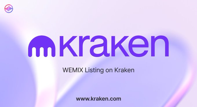 Kraken cryptocurrency exchange announcement card displaying 'WEMIX Listing on Kraken' with the kraken logo and www.kraken.com.