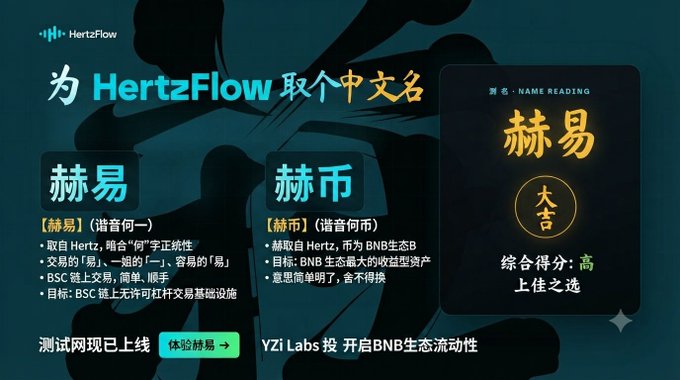 A promotional graphic for HertzFlow featuring Chinese text, comparing two name options "赫易" and "赫币" with descriptions, branding it as a BNB ecosystem project by YZi Labs.