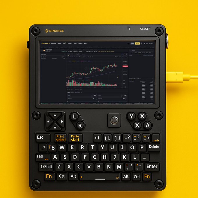A black handheld portable device with a physical QWERTY keyboard and directional buttons, branded "BINANCE," displays a cryptocurrency trading chart interface (showing BTC/USDT) on its screen against a yellow background. The post's question "What kind of setup is this?" appears to ask about this compact, all-in-one mobile crypto trading setup designed for on-the-go analysis of digital assets.