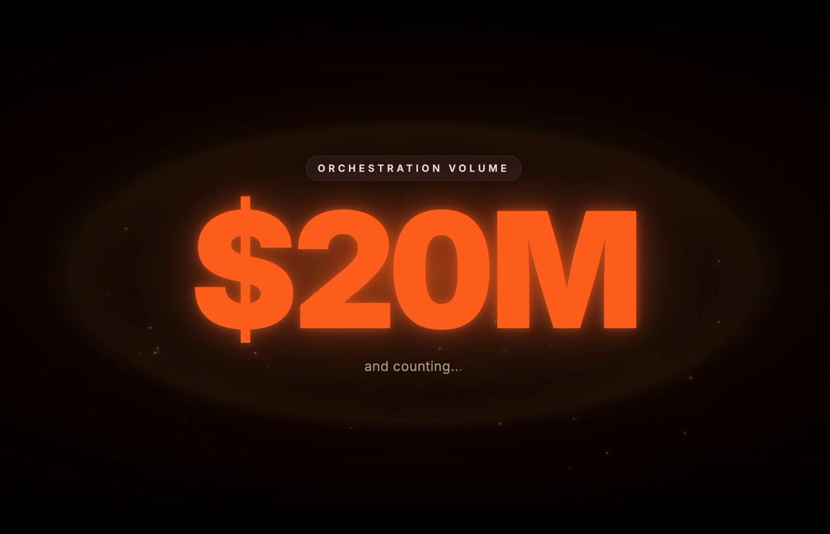 The image features a large orange circle with the text "Orchestraation Volumes" written inside of it, along with the number "$2M". The background of the image is black, which contrasts with the bright orange circle and makes the text stand out prominently. The caption below the image reads "We've just crossed $1 Billion in total orchestra volume", indicating that a significant amount has been achieved or reached.