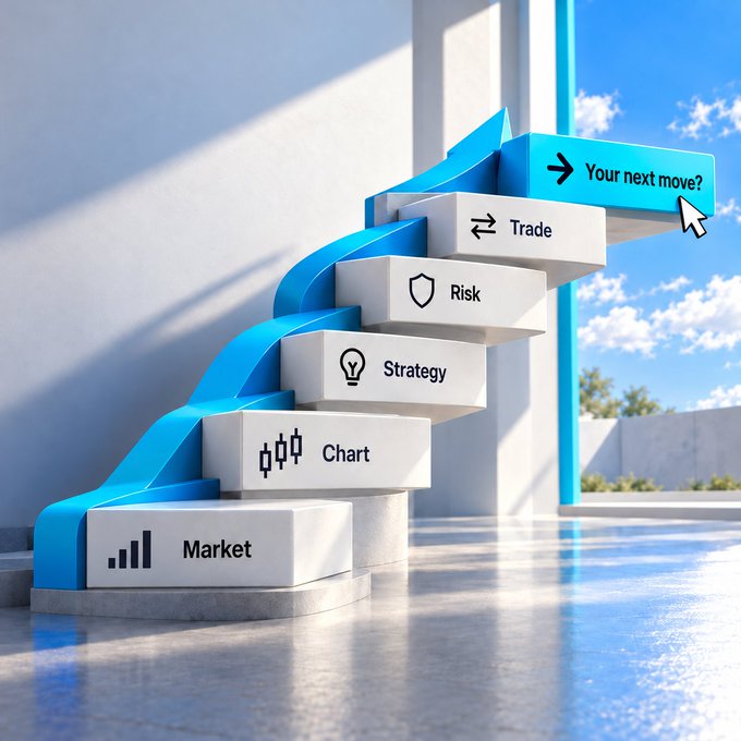 A 3D conceptual illustration of a staircase leading to success, with each step labeled Market, Chart, Strategy, Risk, and Trade, topped with an arrow pointing to 'Your next move?'