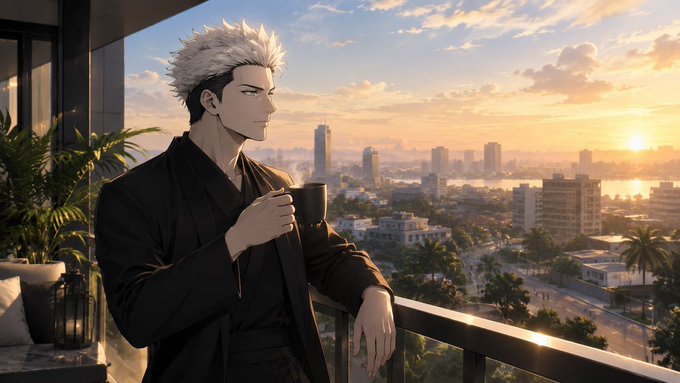 An anime-style illustration shows a white-haired man in a black robe drinking from a cup on a balcony overlooking a city at sunset.