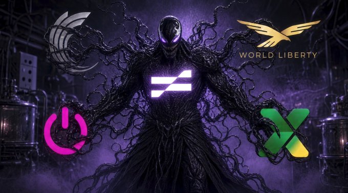 A dramatic digital artwork shows a menacing Venom-like figure with glowing purple eyes and a 'World Liberty' logo on its chest, surrounded by tentacles, with cryptocurrency and tech logos (Curv, World Liberty, WLFI power button, green X) overlaid.