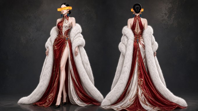 Two views of an elegant red velvet gown with gold embroidery and a white fur cape are displayed on models against a dark background.