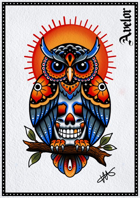 A colorful tattoo-style illustration of an owl perched on a skull with a sunburst halo, signed 'Avelor' in the upper right.