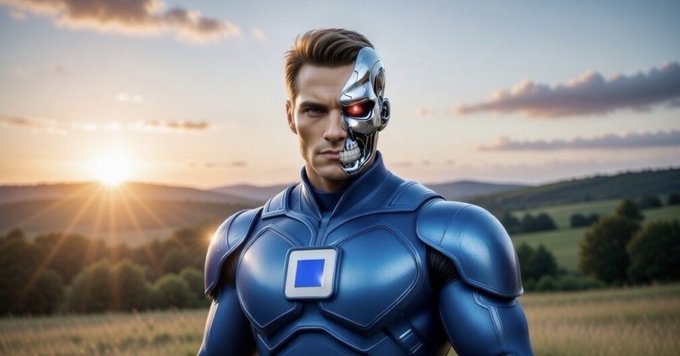 Caption: "The Sentinel of Tomorrow: Embracing the fusion of humanity and technology, he stands ready to build an unstoppable future. In a world full of noise, let innovation lead the way, just as this figure symbolizes the integration of purpose and power."
