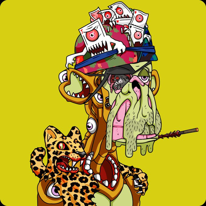 A surreal, cartoonish illustration on a yellow background depicting a grotesque head composed of various monsters, teeth, and eyeballs, with a leopard wearing a red collar at the bottom and a spear piercing the face.